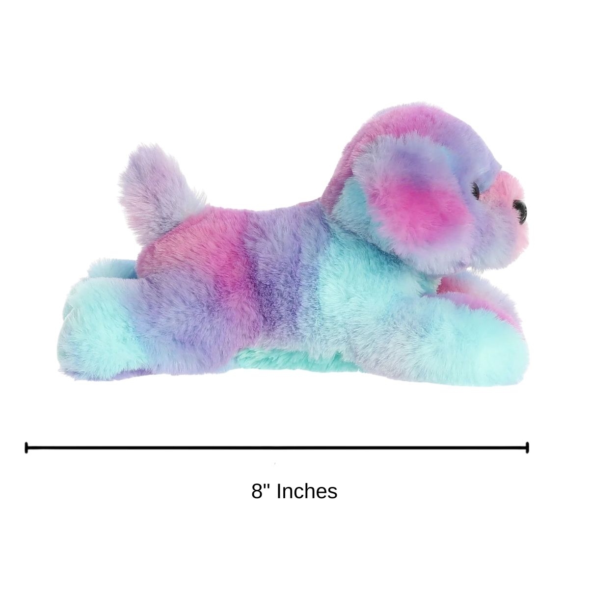 Dimension graphic showing the Aurora Mini Flopsie Rainbow Puppy lying down with a measurement line indicating it is 8 inches long.