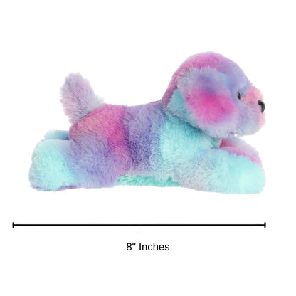 Dimension graphic showing the Aurora Mini Flopsie Rainbow Puppy lying down with a measurement line indicating it is 8 inches long.