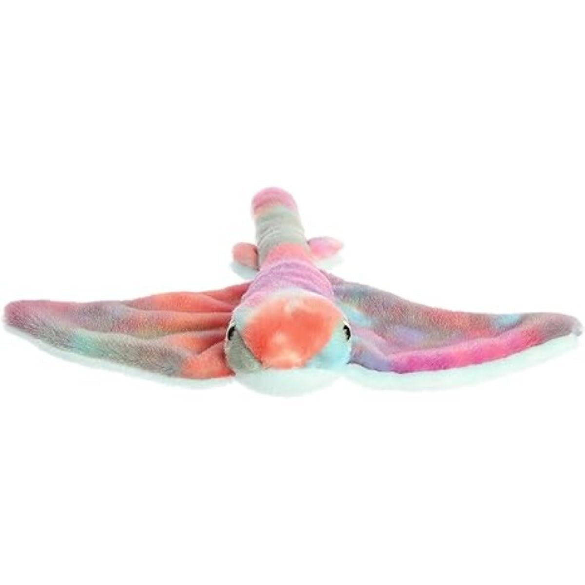 Straight front view of the rainbow stingray plush resting flat, showing its friendly eyes and colorful wingspan.