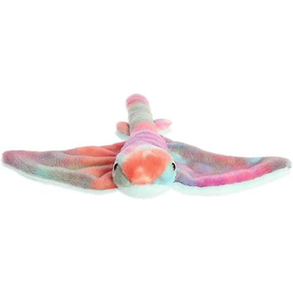 Straight front view of the rainbow stingray plush resting flat, showing its friendly eyes and colorful wingspan.