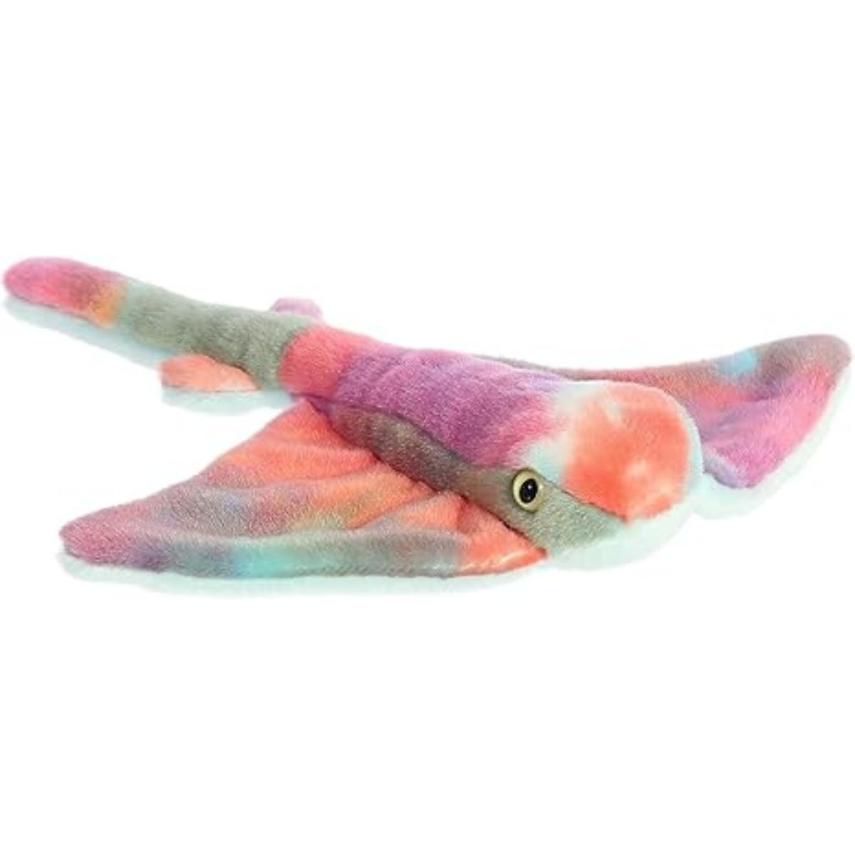 Slightly angled front view highlighting the stingray's smooth light blue underbelly and vibrant tie-dye top.