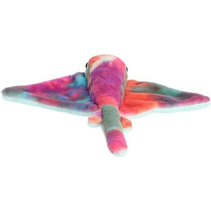 Back view of the Aurora stingray plush showcasing its colorful tie-dye back and tail trailing behind.