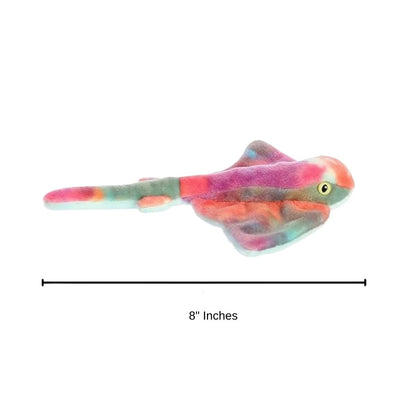 Side profile view of the rainbow stingray stuffed animal resting flat, with a dimension graphic showing its 8-inch length.