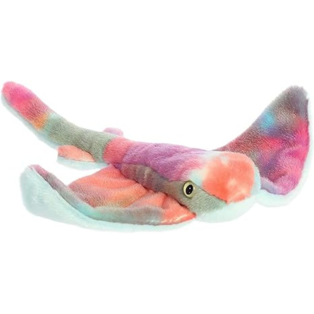 Angled side view of the 8-inch Aurora Mini Flopsie Rainbow Stingray plush featuring tie-dye colorful fur, wide fins, and a long tail.