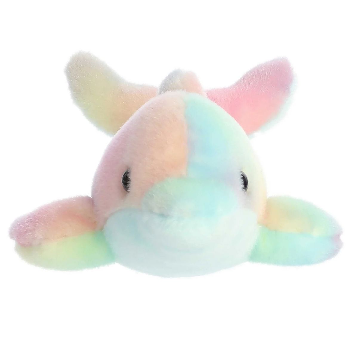 Direct front view of the soft pastel tie-dye plush dolphin showing its side flippers and dark eyes.