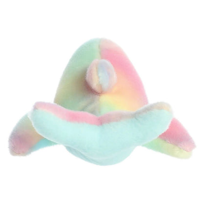 Back view of the cuddly Mini Flopsie dolphin stuffed animal highlighting its dorsal fin and tail flukes.