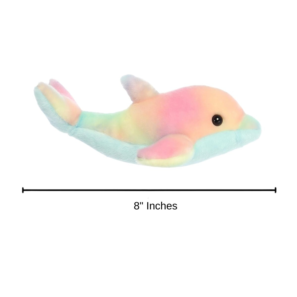 Dimension graphic showing the Aurora Mini Flopsie Rainbow Dolphin lying down with a measurement line indicating it is 8 inches long.