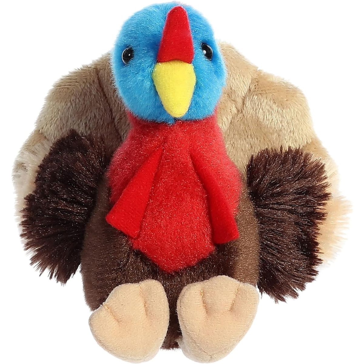 Straight front view of the Thomas Turkey stuffed animal highlighting his yellow beak, bright blue head, and fluffy brown wings.