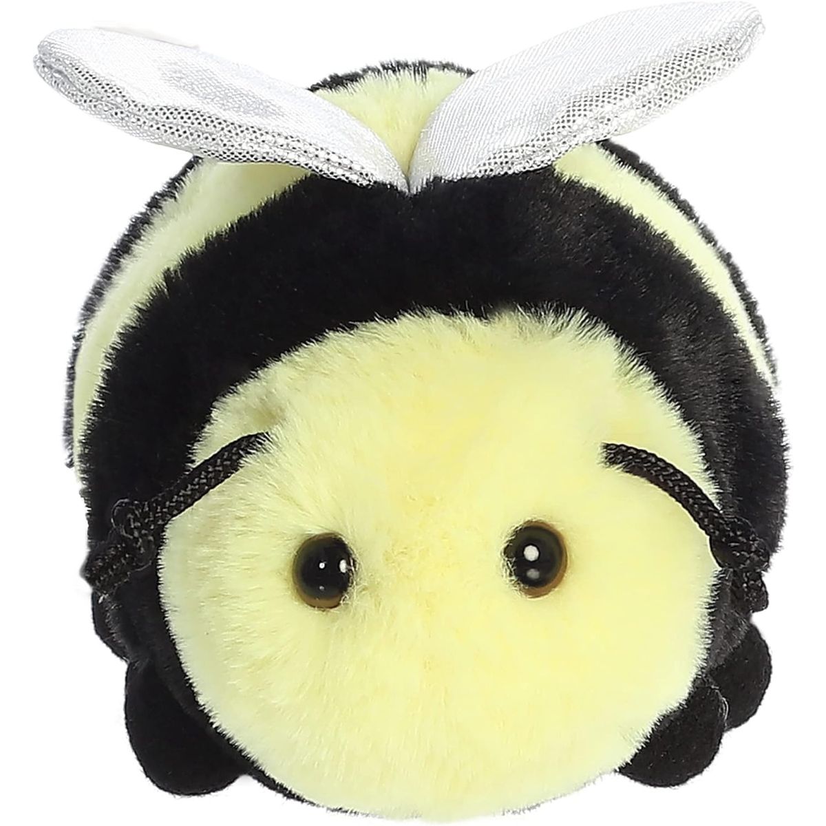 Straight-on front view of the soft bee plush showing its sweet face, black antennae, and silver wings.