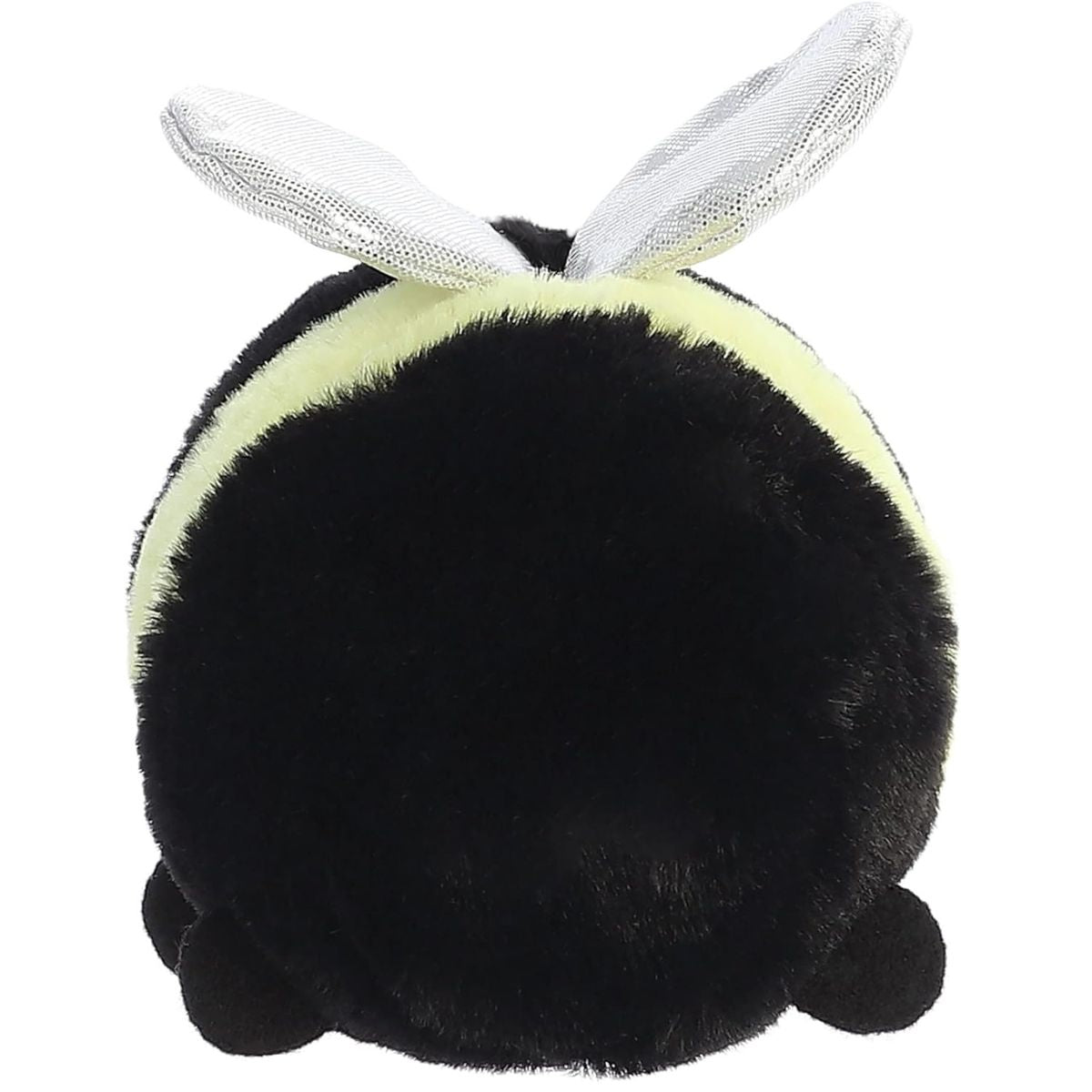 Direct back view of the cuddly bumblebee stuffed animal highlighting its black back end and shiny wings.