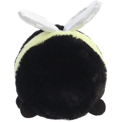Direct back view of the cuddly bumblebee stuffed animal highlighting its black back end and shiny wings.