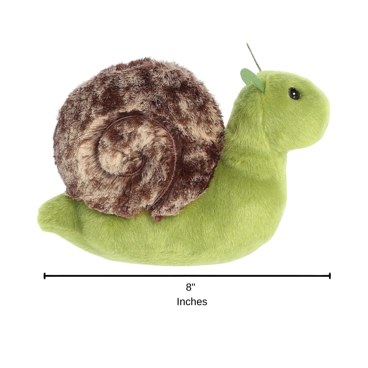 Full side profile of the green snail plush with a dimension line indicating its 8-inch length.