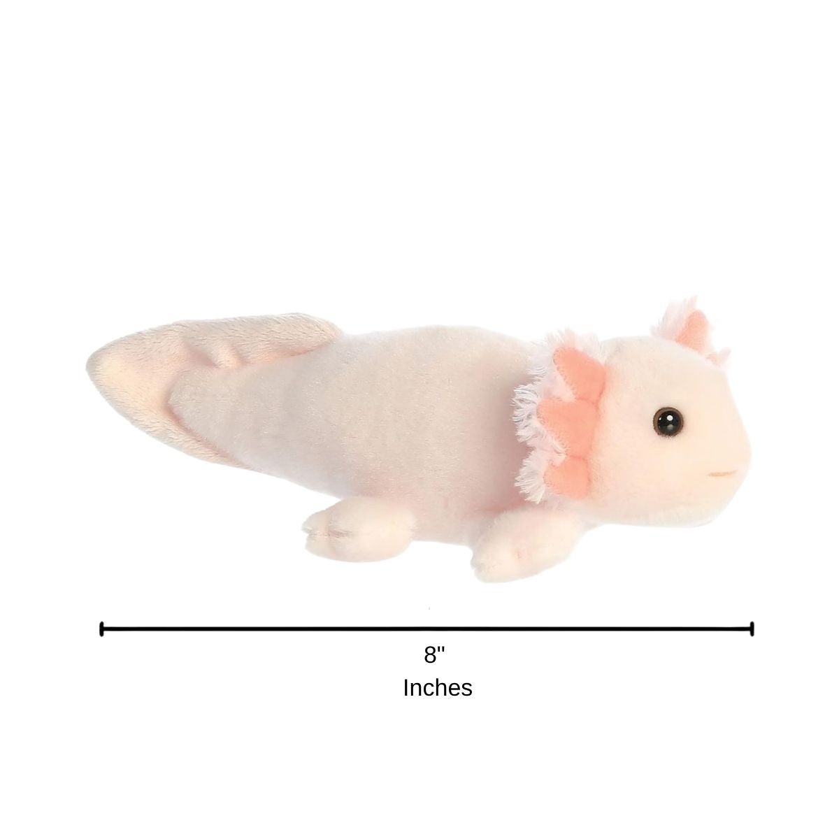 Full side profile of the pink axolotl plush with a dimension line indicating its 8-inch length.