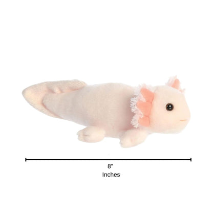 Full side profile of the pink axolotl plush with a dimension line indicating its 8-inch length.