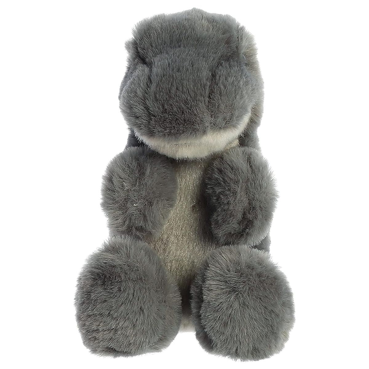 Straight front view of the grey T-Rex plush sitting upright, showing its friendly face and little paws tucked in.