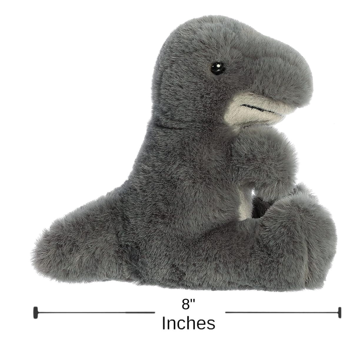 Side profile view of the grey T-Rex stuffed animal resting on its belly, with a dimension graphic showing its 8-inch length.