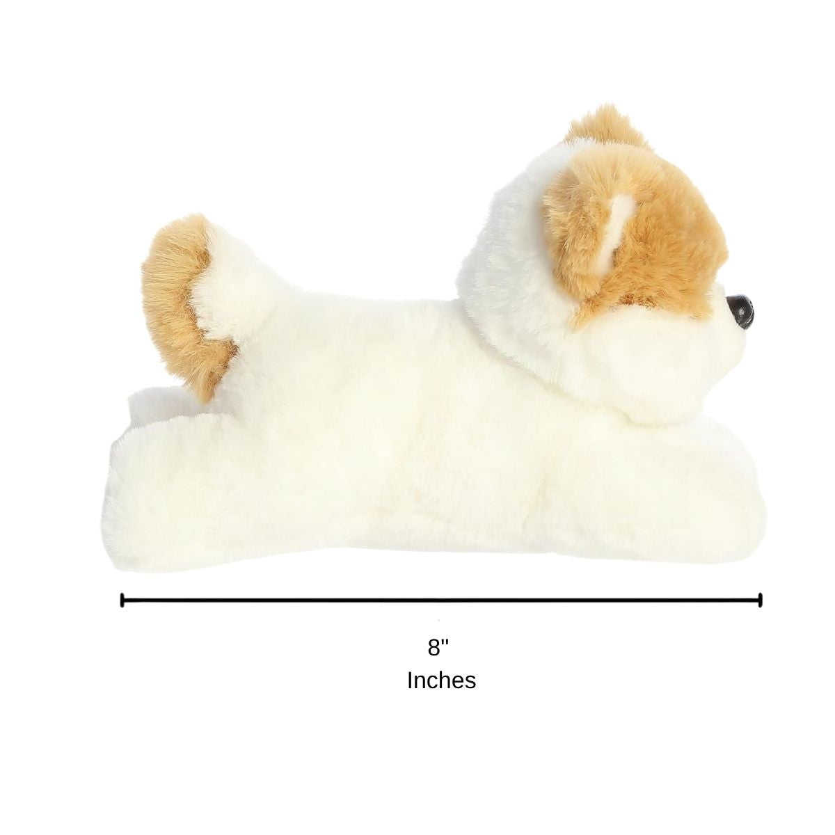 Sizing graphic for the Aurora Mini Flopsie Pom the Pup plush indicating a total length of 8 inches.