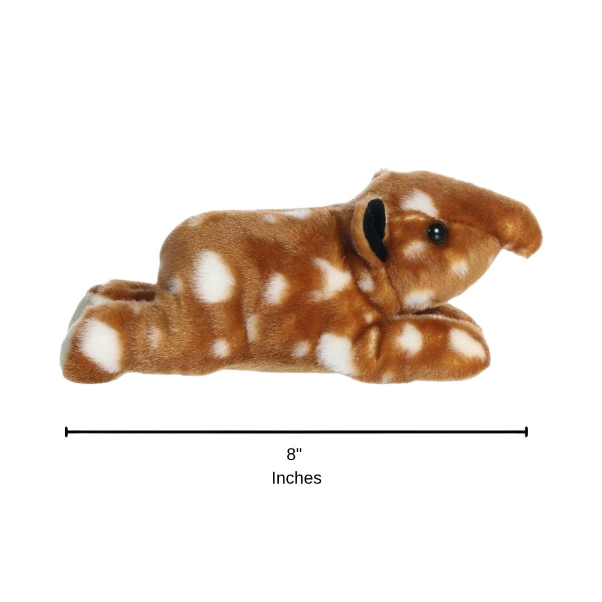 Side profile sizing graphic for the Aurora Mini Flopsie Tapir Calf plush resting on its belly, indicating a total length of 8 inches.