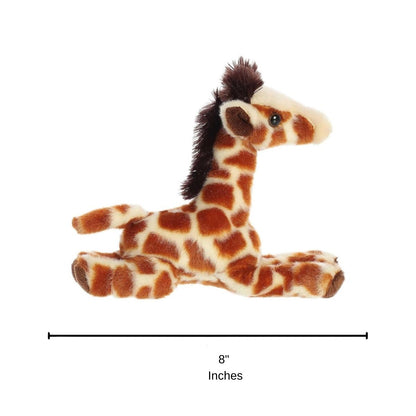 Side profile view of the Giraffe Calf plush resting on its tummy with a measurement graphic indicating it is 8 inches long.