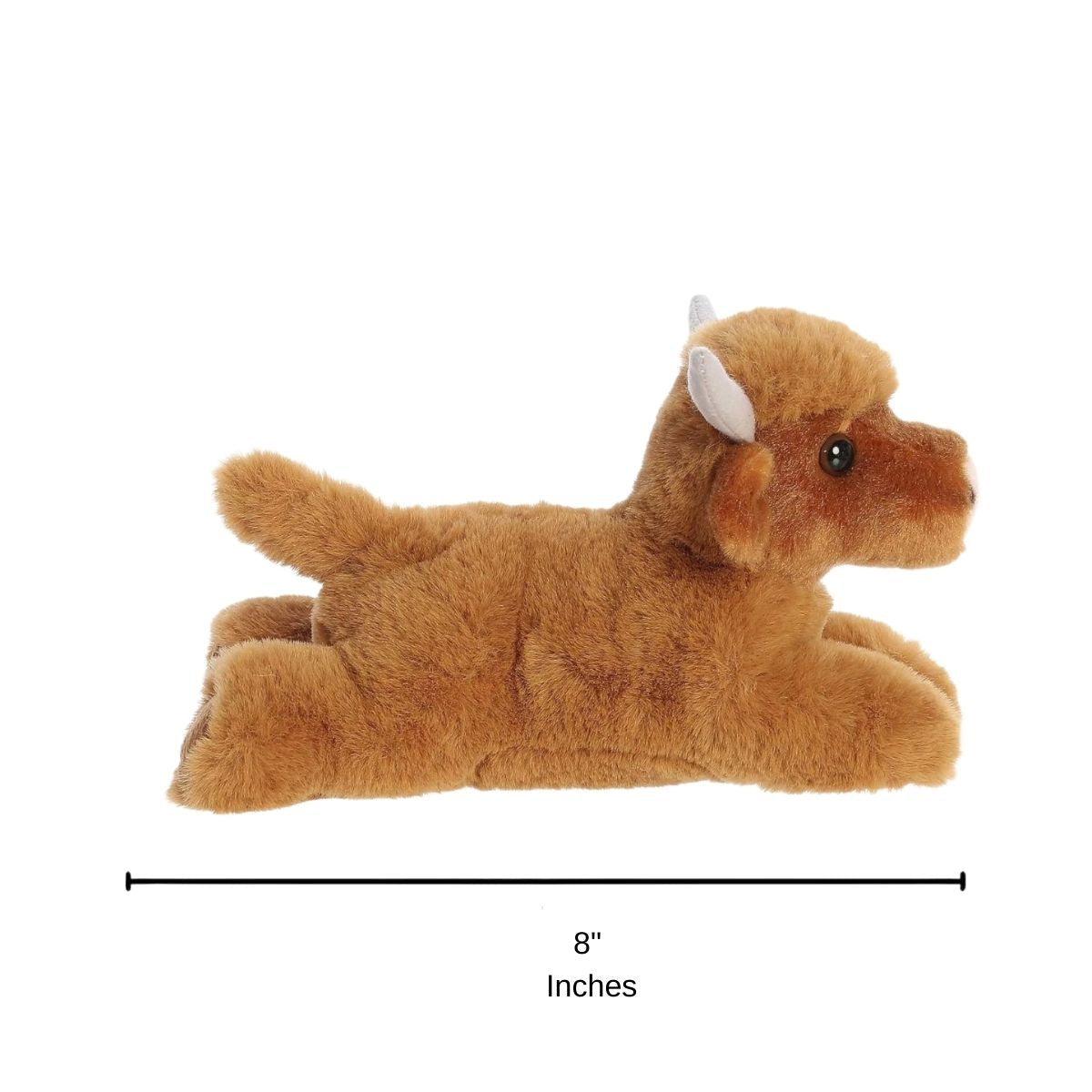 Side profile view of the Highland Cow plush resting on its tummy with a measurement graphic indicating it is 8 inches long.