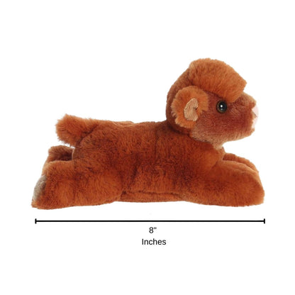 Side profile of the ginger-brown Highland cow plush with a dimension line indicating its 8-inch length.