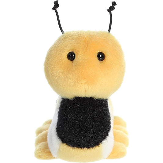Straight-on front view of the caterpillar stuffed animal highlighting its sweet face and soft black knotted antennae.