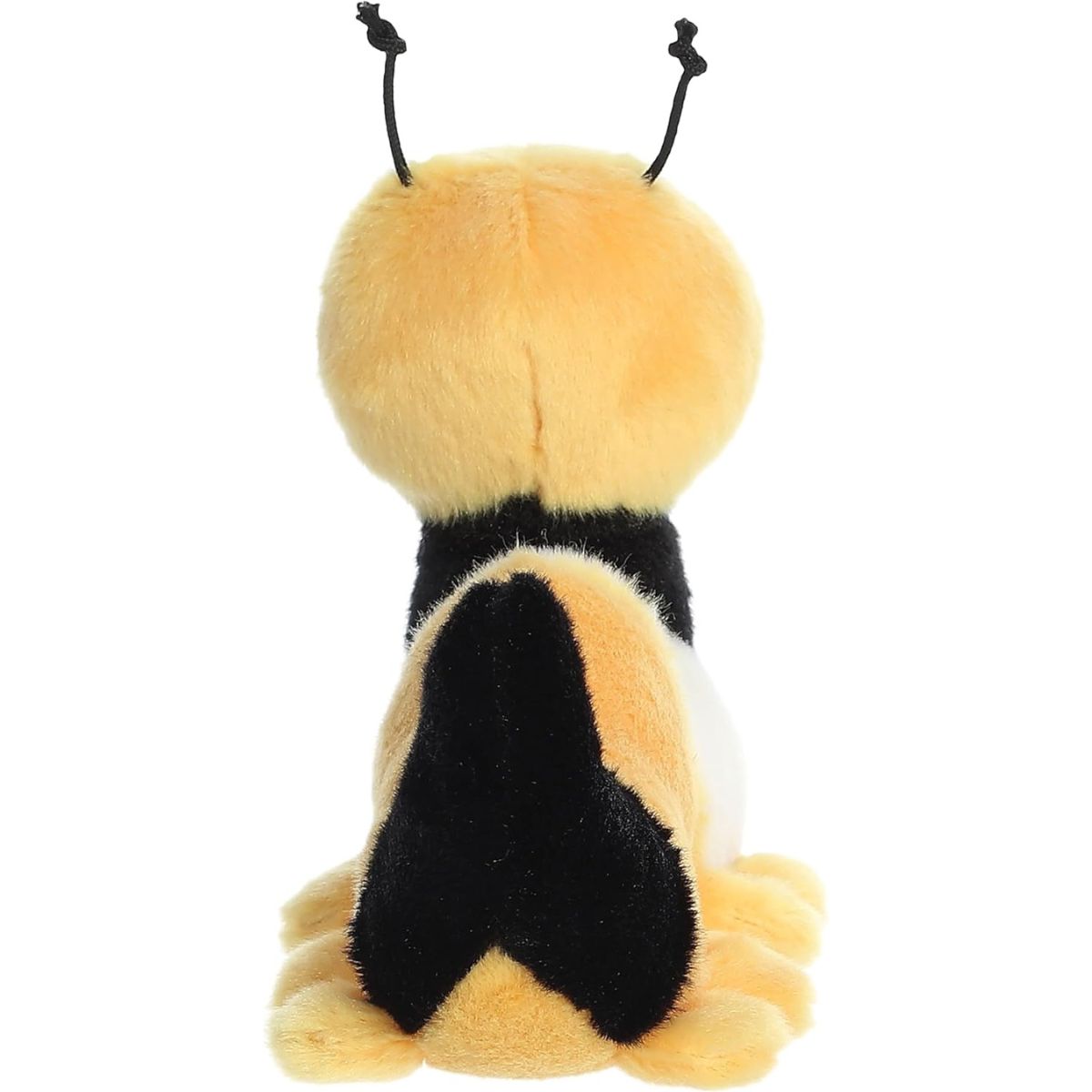 Rear view of the caterpillar plush showing its multi-colored segments and many small yellow legs.