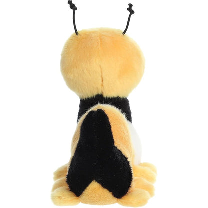 Rear view of the caterpillar plush showing its multi-colored segments and many small yellow legs.