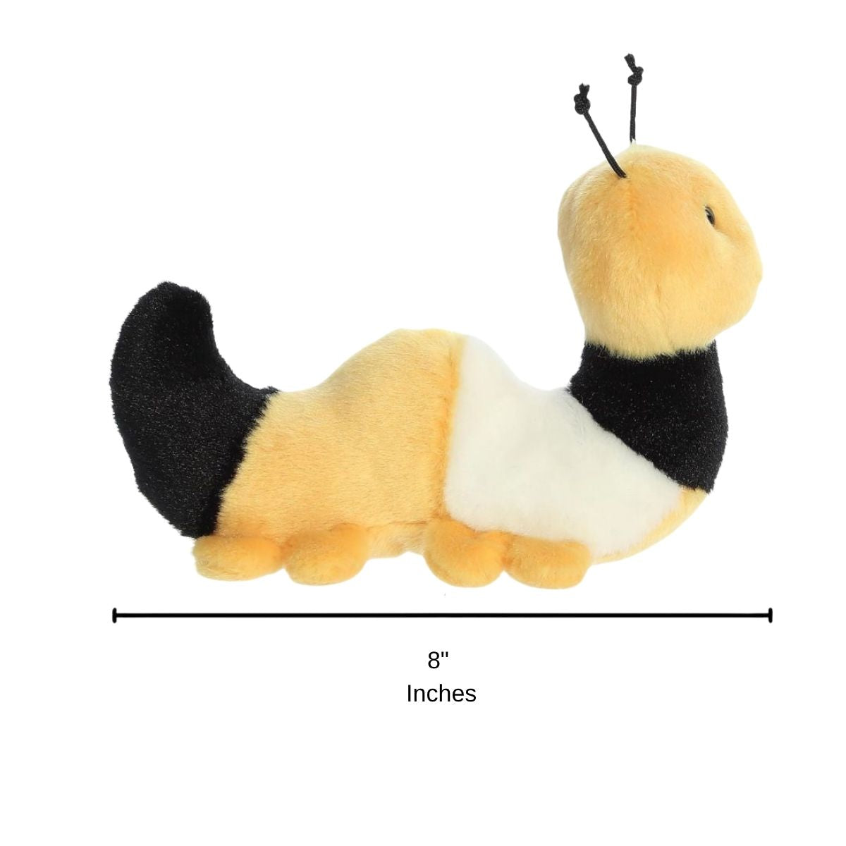 Side profile of the Monarch Caterpillar plush with a dimension line indicating its 8-inch length.
