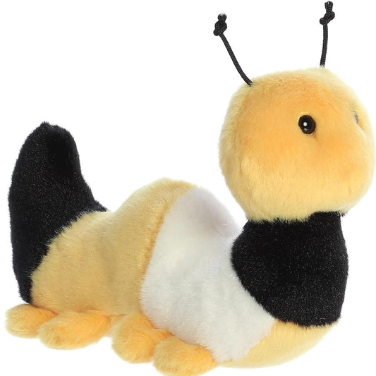 Angled side view of the Aurora Mini Flopsie Monarch Caterpillar 8-inch plush featuring yellow, white, and black stripes.