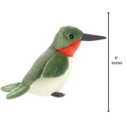 Full side profile of the Ruby-Throated Hummingbird plush with a dimension line indicating its 8-inch length.