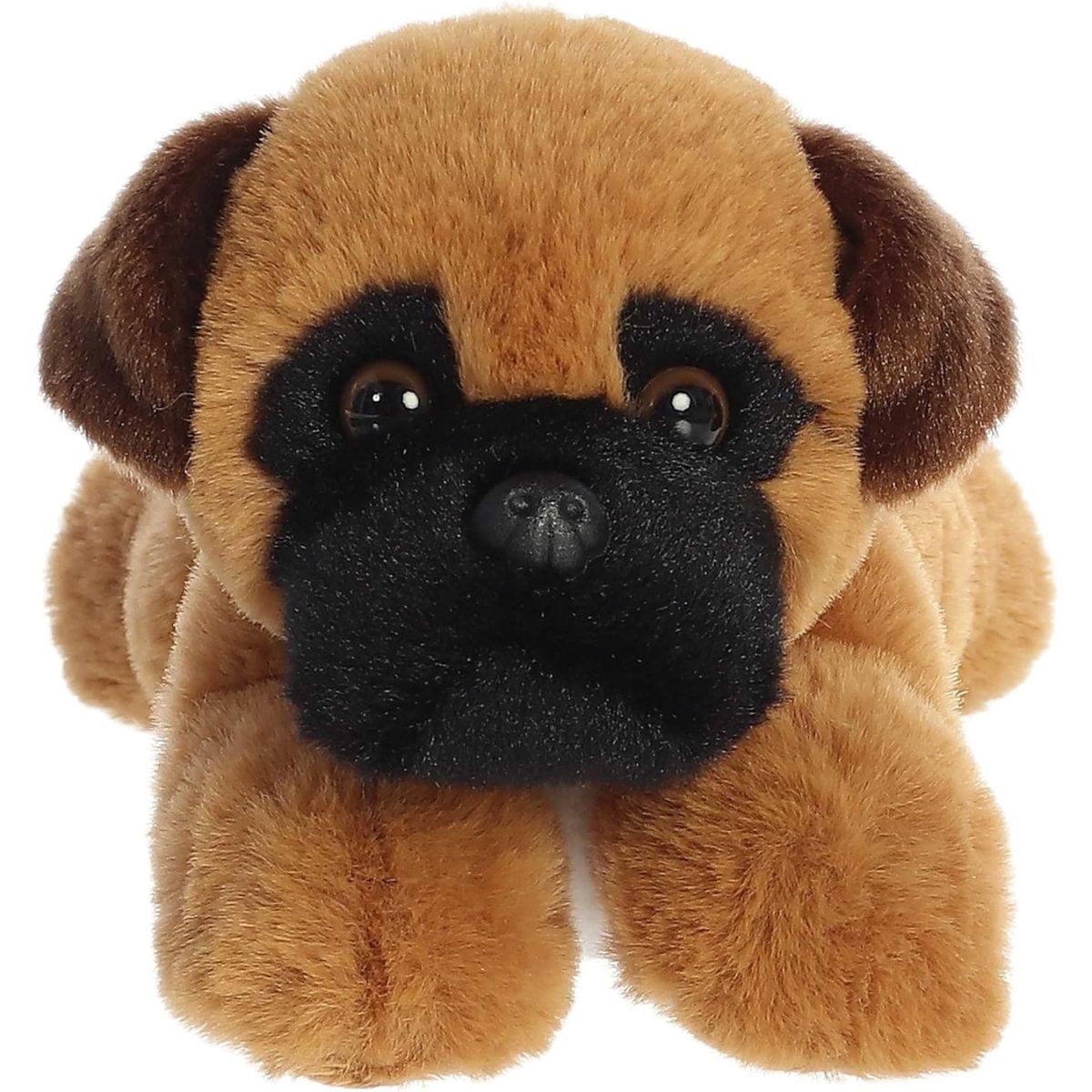 Straight-on front view of the soft Boxer plush showing its black face mask, dark brown floppy ears, and dark eyes.