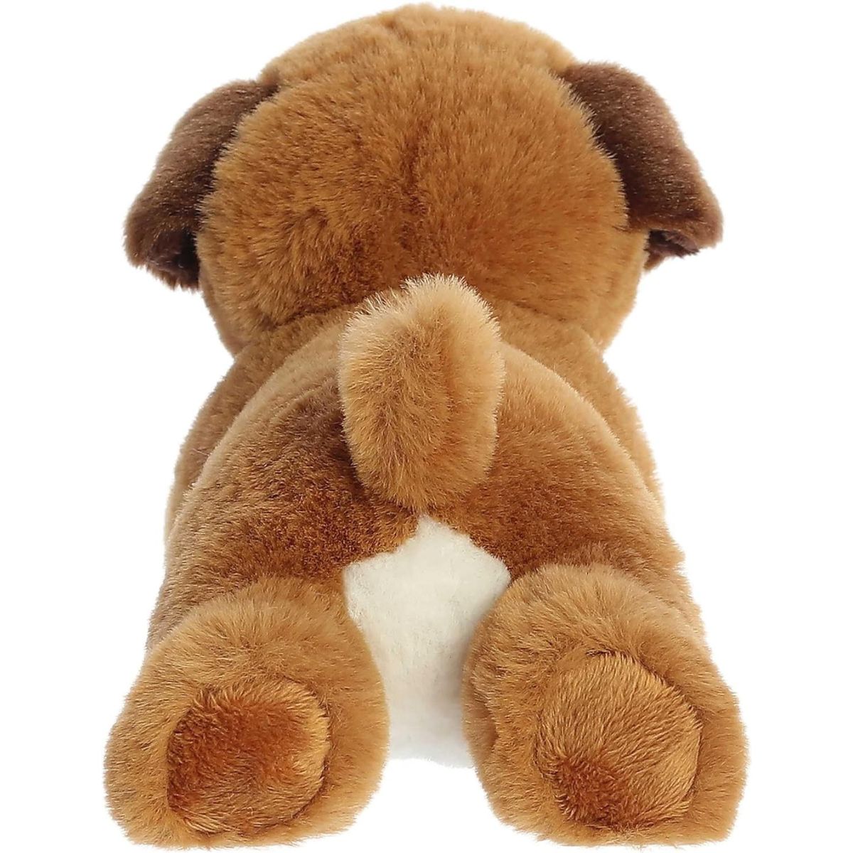 Direct back view of the cuddly Boden dog plush highlighting its perky little nub tail and white underbelly patch.