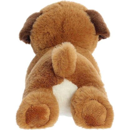 Direct back view of the cuddly Boden dog plush highlighting its perky little nub tail and white underbelly patch.
