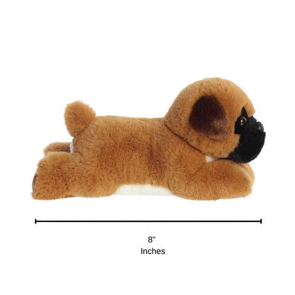 Side profile view of the Boden Boxer dog plush resting on its tummy with a measurement graphic indicating it is 8 inches long.
