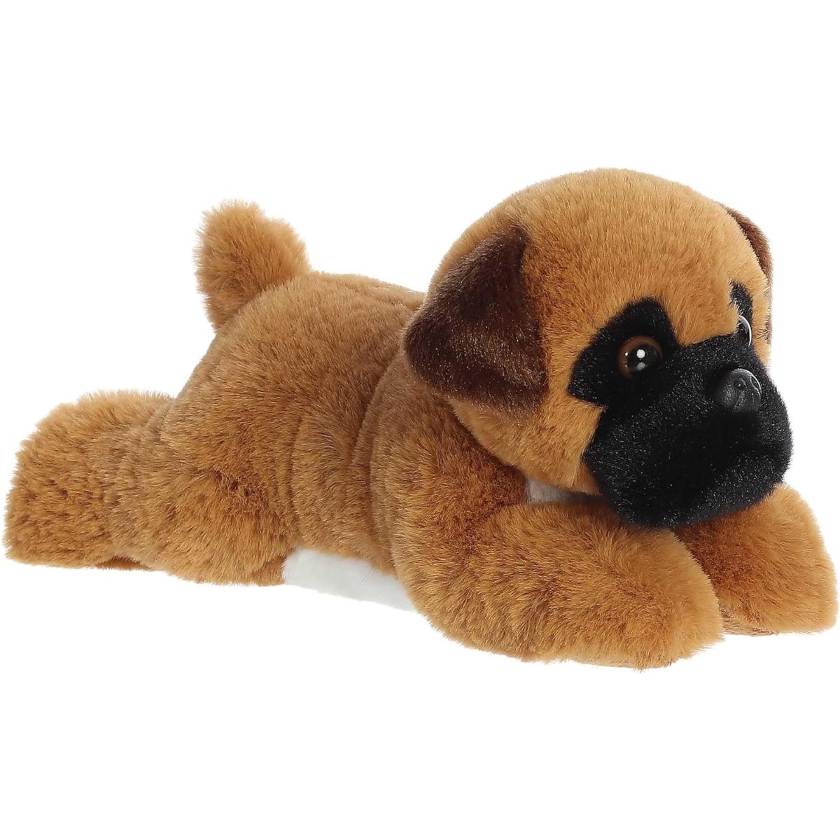 Angled front view of the 8-inch Aurora Mini Flopsie Boden Boxer dog stuffed animal lying down, showing its light brown fur and black muzzle.