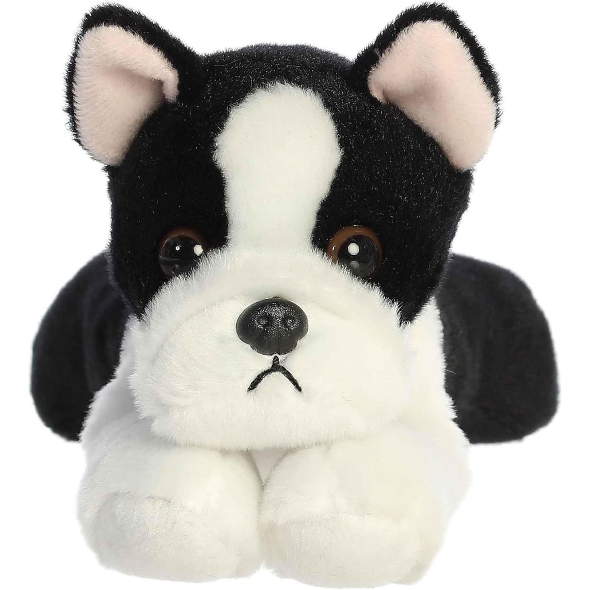 Straight-on front view of the soft Boston Terrier plush showing its face, perky ears, and brown eyes.