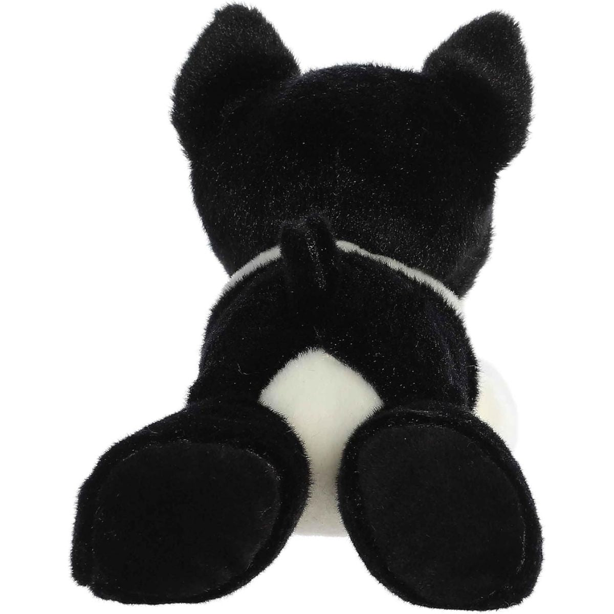 Direct back view of the cuddly Boston Terrier stuffed animal highlighting its short tail and the bottoms of its black hind paws.