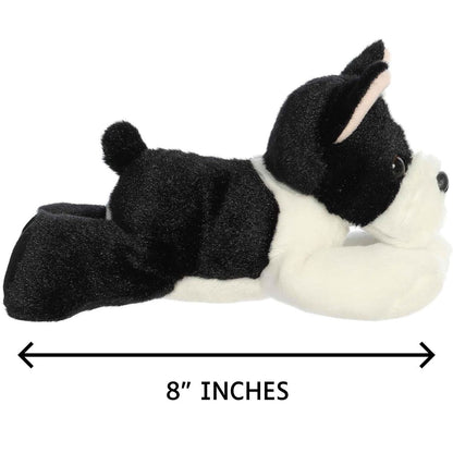 Side profile view of the Eva Boston Terrier plush resting on its tummy with a measurement graphic indicating it is 8 inches long.