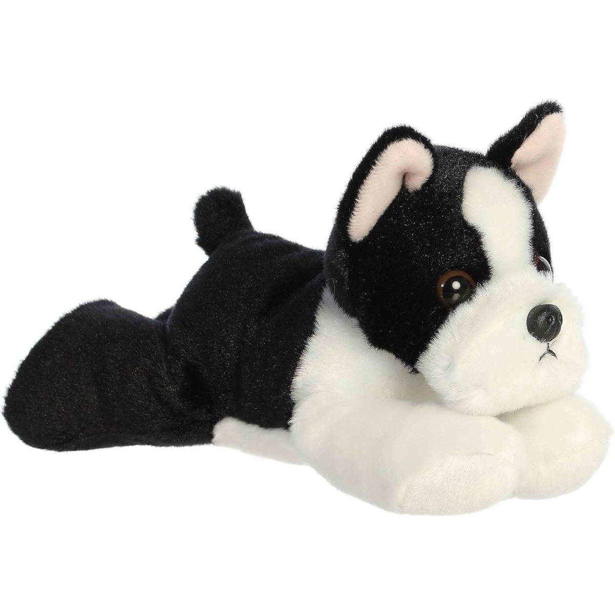 Angled front view of the 8-inch Aurora Mini Flopsie Eva Boston Terrier stuffed animal lying down, showing its black and white markings.