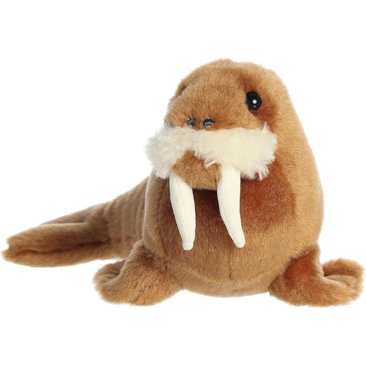 Straight-on front view of the soft Mini Flopsie brown walrus plush showing its dark eyes, fluffy white mustache, and long tusks.