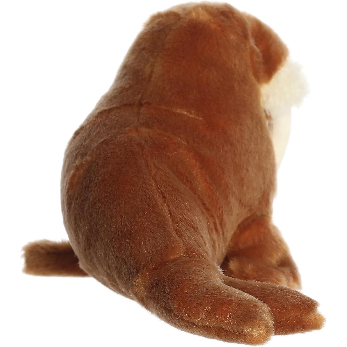 Angled back view of the cuddly walrus stuffed animal highlighting its round brown body and back flippers.