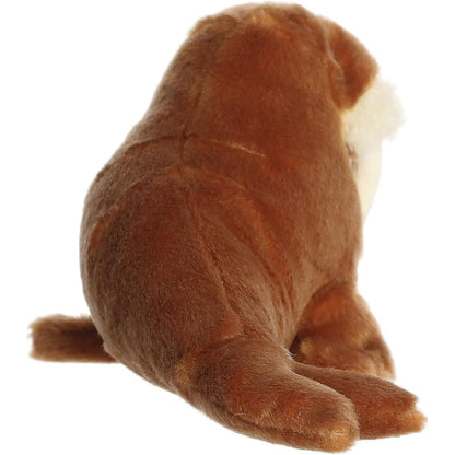 Angled back view of the cuddly walrus stuffed animal highlighting its round brown body and back flippers.