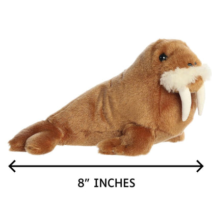 Side profile view of the Aurora Mini Flopsie Wallace Walrus plush with a measurement graphic indicating it is 8 inches long.
