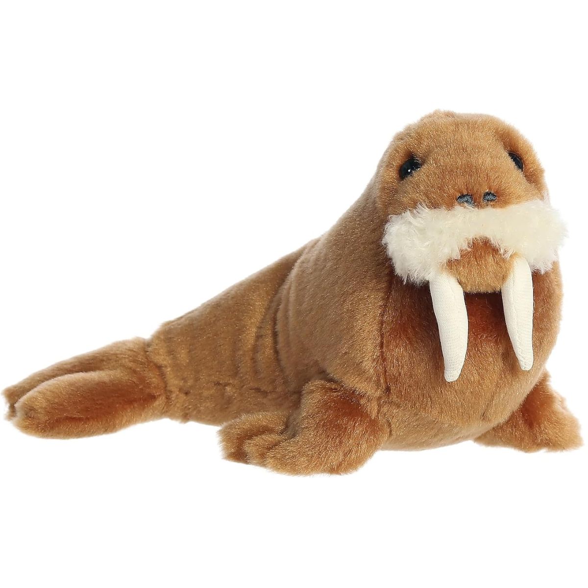 Angled front view of the 8-inch Aurora Mini Flopsie Wallace Walrus stuffed animal lying down with its white tusks visible.