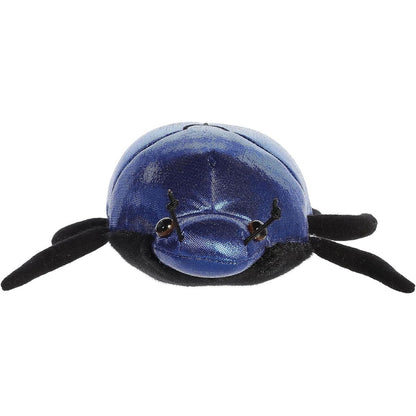 Straight front view of the Saqqara Scarab Beetle stuffed animal highlighting its sweet face, knotted string antennae, and sprawling black legs.