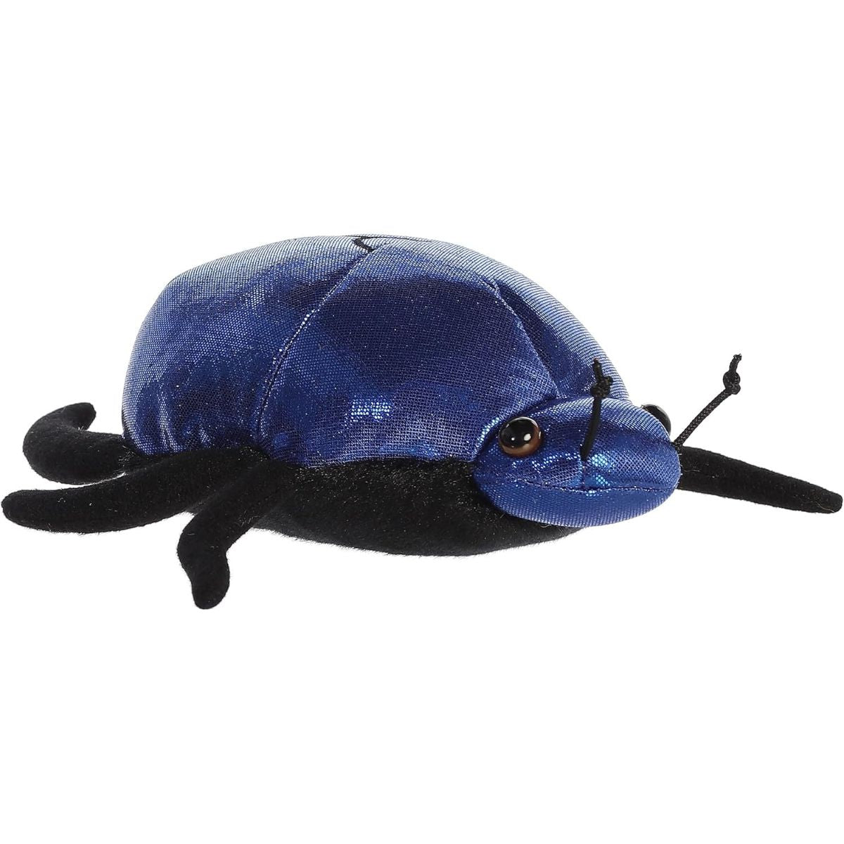 Angled side view of the blue beetle plush showcasing its rounded, iridescent shell and floppy bean-filled design.