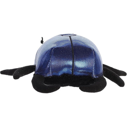 Rear view of the scarab beetle plush showing the divided segments of its shimmering deep blue shell.