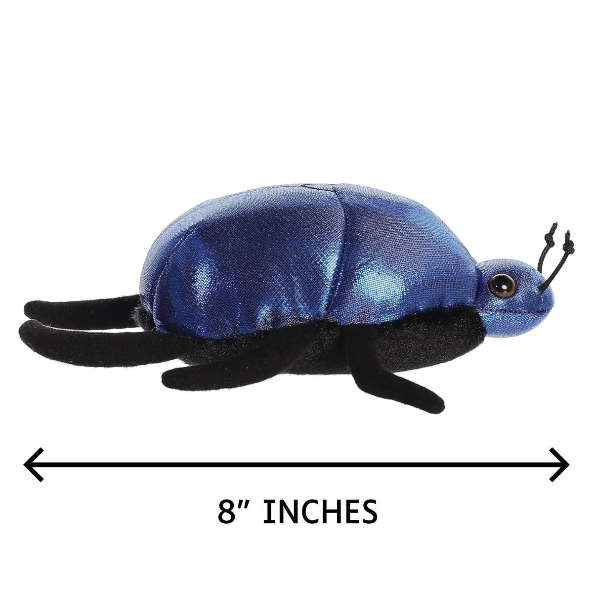 Side profile of the Aurora Mini Flopsie scarab beetle with a dimension line indicating its 8-inch total length.