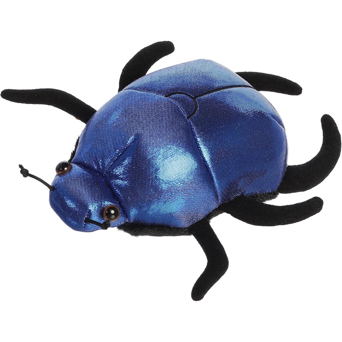 Angled top view of the Aurora Mini Flopsie Saqqara Scarab Beetle 8-inch plush featuring a shimmering metallic blue body and soft black legs.